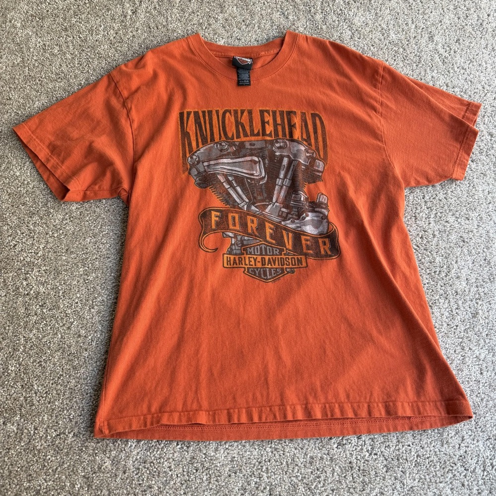 Harley-Davidson Shirt Mens Large Orange Knucklehead Forever Tee T-Shirt